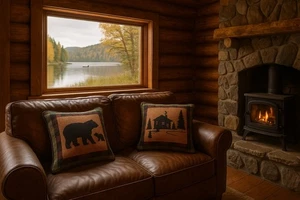 Rustic Cabin Bear Tapestry Throw Pillows Set of 2 | 12x12 Reversible Lodge Decor - Picture 1 of 6