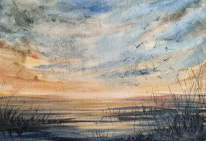 Original Artworks Modern Painting Landscape BIRDS SKY Seascape Wall Arts Gift A5 - Picture 1 of 9