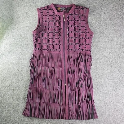 Dakota West Sheer Mesh Flower Appliqué Long Vest Sleeveless Fringed Full Zip - Image 1 of 4