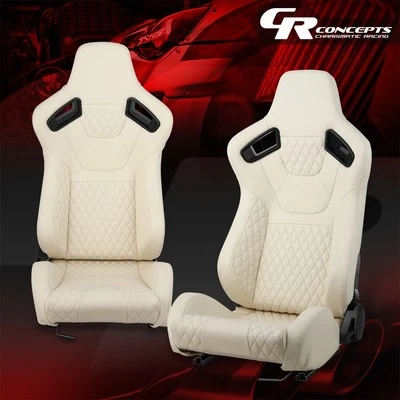 Universal White Vinyl Leather Bucket Racing Seat With Bottom Mount Sliders L+R - Image 1 of 4