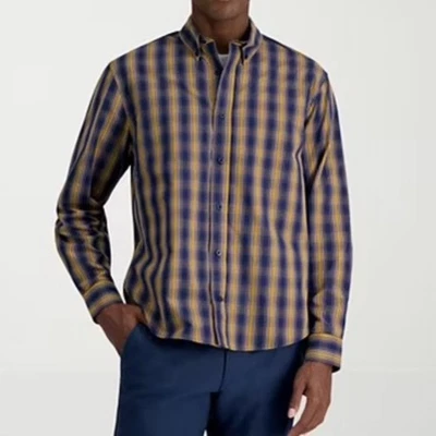 Haggar Men's Button Down Shirt Size XXL Navy Yellow Plaid Long Sleeves NWT $60 - Image 1 of 4