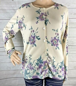 Coldwater Creek Strickjacke Pullover Medium elfenbein lila Blumen Perlen dünner Strick  - Bild 1 von 12