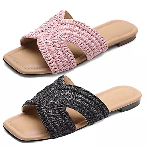 Women Slip On Slide Sandals Square Open Toe Comfortable Beach Flat Sandals - Picture 1 of 16