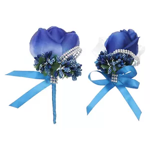 Artificial Rose Flower Wrist Corsage Boutonnieres with Cap, Pin Set Navy Blue - Picture 1 of 7
