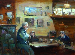 VINTAGE STYLE - An Evening In The Irish Pub Bar oil Painting - 8" x 10" REPRINT - Picture 1 of 1