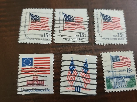 US Postage Flag 1970s Stamps, (3) 15 Cent, (1) 13 Cent, (1) 10 Cent, (1) 6 Cent Cover