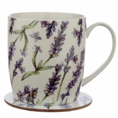 NUEVO Juego de regalo taza de café y posavasos de porcelana blanca lavanda floral púrpura de 10 oz Foto 1 de 4