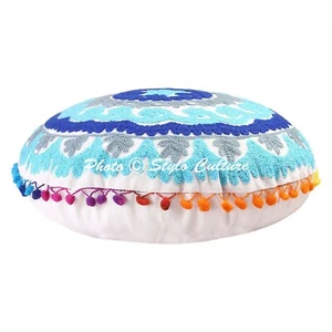 Bohemian Floral Round Embroidered Floor Seating Cushion Cover Pom Pom Cotton 18" - Picture 1 of 5