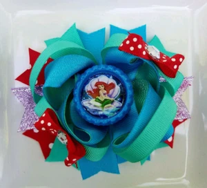 The Little Mermaid Ariel Disney Princess Blue Teal Red Bottle Cap Hair Bow 5" - Picture 1 of 1
