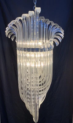 Vintage Art Deco Lucite Chandelier Mid Century Modern 25” Wide Wave Chrome - Image 1 of 4