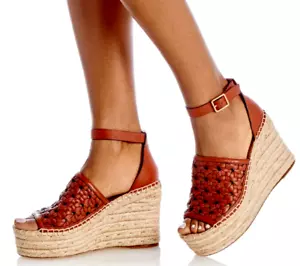 TORY BURCH BASKETWEAVE ESPADRILLE SANDAL WEDGE PLATFORM BRICK RED LEATHER SZ 10 - Picture 1 of 14