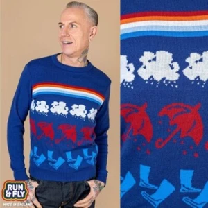 RUN AND FLY Rainy Days Jumper Kitsch Retro Cute Rainbow Clouds Wellies - Picture 1 of 9