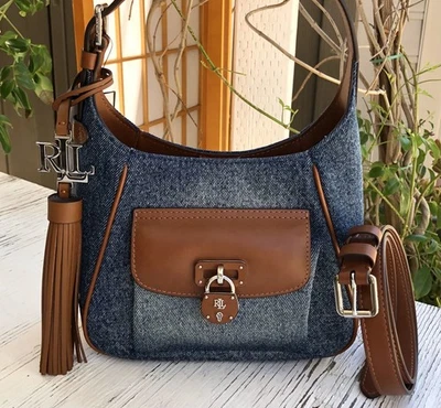 RALPH LAUREN SMALL WASHED DENIM PADLOCK CHARM TANNER BAG &  LRL HANG TASSEL - Image 1 of 4