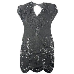 Lillie Rubin Vintage 80s Sequin Party Mini Dress Keyhole Back Black Silk Sz S - Picture 1 of 17