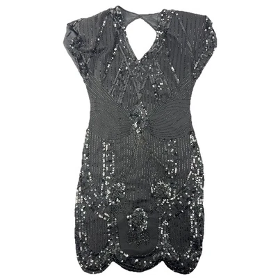Mini vestido de festa Lillie Rubin vintage anos 80 lantejoulas buraco na fechadura costas seda preta tamanho P - Imagem 1 de 4