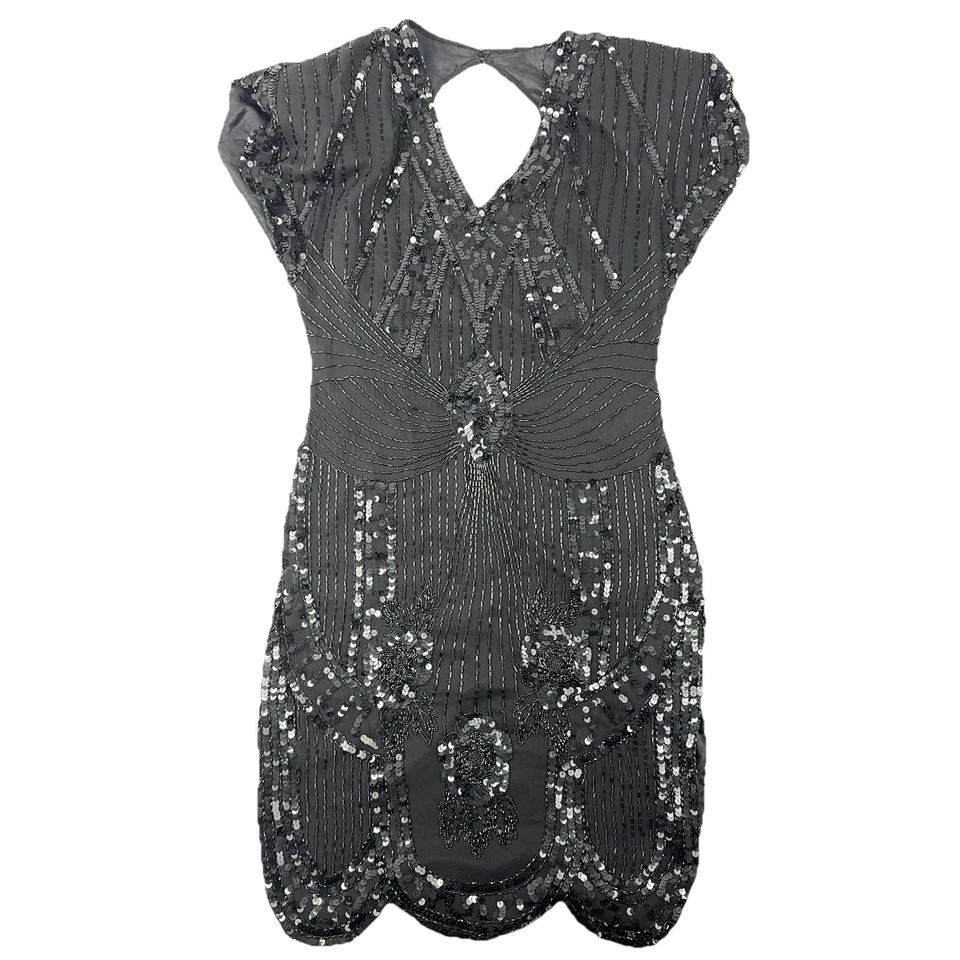 Lillie Rubin Vintage 80s Sequin Party Mini Dress Keyhole Back Black Silk Sz S - Image 1 of 4