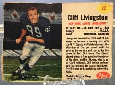 1962 Post Cereal Football #22 Cliff Livingston (VG-EX) - Image 1 of 2