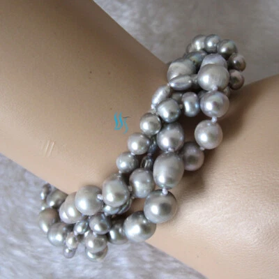 Pulsera de perlas de agua dulce 8" 4-10 mm gris plata 4 filas joyería magnética Foto 1 de 3