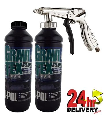 UPol GRAVITEX Stone Chip Overpaintable Protection Black 1 Litre x 2 + Air Gun