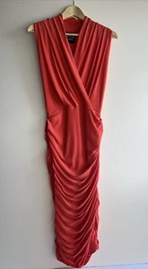 ATOM LABEL Coral Colour Ruched Dress Vgc Size XS Wedding? Xmas? - Picture 1 of 4