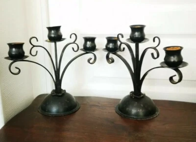 Ancienne Paire De Bougeoirs Chandelier À 3 Branches En Bronze? Jolis Motifs - Photo 1/4