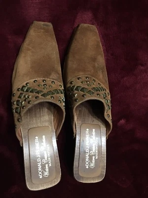 Donald J. Pliner Western Couture Camel Studded Suede Leather Mule Wooden Heel 8B - Image 1 of 4