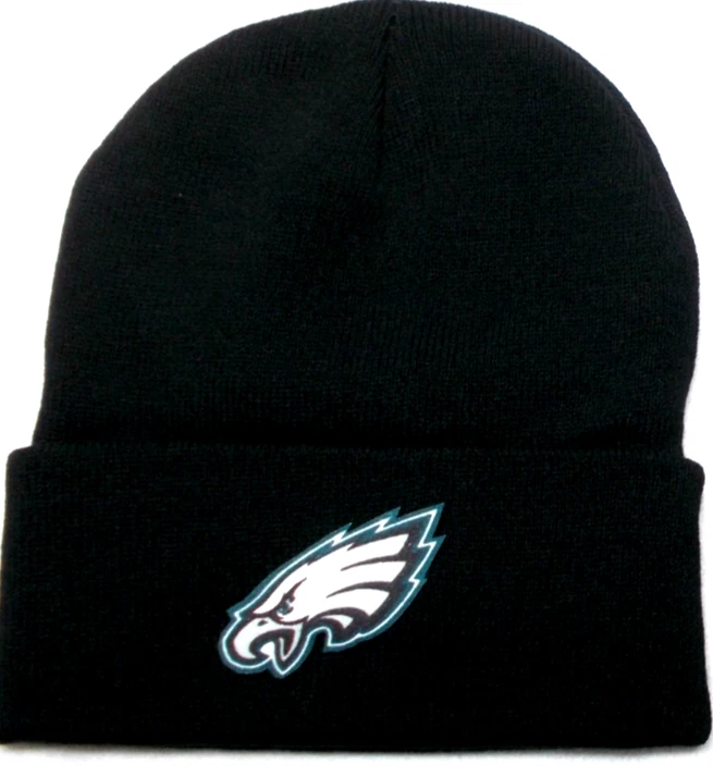 Philadelphia Eagles flat applique on black beanie cap hat. See details