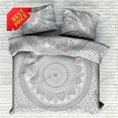 Conjunto de roupa de cama indiana feito à mão floral mandala arte cinza capa de cama boêmia - Imagem 1 de 4