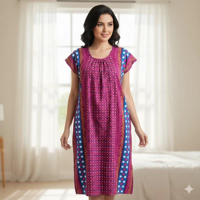 Womens Polka Dots Cruise Magenta Long Cotton Vacation Belted Maxi Gown L-55" - Image 1 of 3