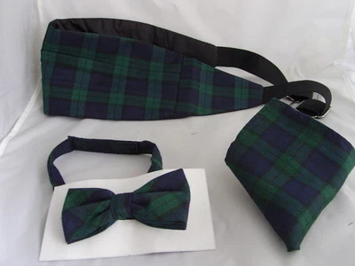 ESSENTIALS BY MANUEL (AA) Tartan-Black Watch Polyester Mens Pre-tied Bow Tie + Cummerbund & Hanky Set