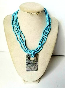 Abalone Shell Necklace Rectangle Genuine Handmade Pendant & Faux Turquoise Beads - Picture 1 of 11
