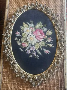 VINTAGE FLORAL NEEDLEPOINT IN BEAUTIFUL BRASS FRAME 18”X24” - Picture 1 of 4