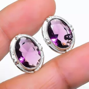 Purple Amethyst Gemstone 925 Sterling Silver Jewelry Stud Earring Size 0.75'' - Picture 1 of 1