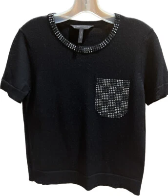 Suéter BCBGMAXAZRIA Negro Manga Corta Tachonado Lana Merino Top Talla Pequeña Foto 1 de 4
