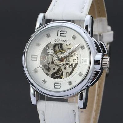 Luxury Dress White Leather Band Skeleton Women Automatic Mechanical Wrist Watch - Image 1 of 4