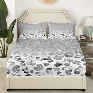 Grey Leopard Print Fitted Sheet Queen Size,Kids Boys Girls Bedroom Decor,Glit... - Picture 1 of 7