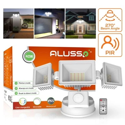 ALUSSO LED Security Outdoor Lights 40W 3Head PIR Sensor Ultra Bright 4600lm Flood Lamp
