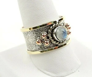 Sterling Silver Moonstone Tri Color Textured Wide Band Ring - Picture 1 of 11