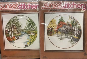 2 SUNSET STITCHERY CREWEL EMBROIDERY KITS GARDEN COTTAGE MILL POND 1978 Sealed - Picture 1 of 2