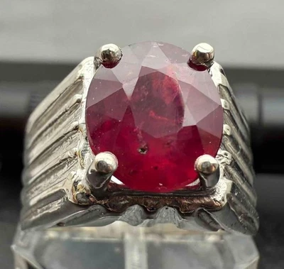 4.93 CT MINED RED RUBY .925 STERLING SILVER MENS DECO RING SZ 9, 12.9 GR US MADE - Image 1 of 4