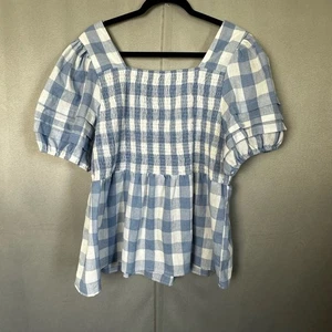 Grace + Karma Damenbluse blau weiß Gingham gesmokt Puffärmel Schößchen - 1X - Bild 1 von 6