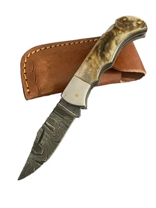 KLAPPMESSER SALE Damast Schafhorn Folder mit Scheide & GRATIS GESCHENK - Bild 1 von 5