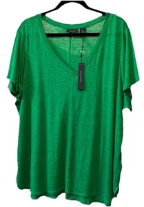 Tahari T Shirt Womens Size 2X Green Short Sleeve V Neck 100% Linen - Picture 1 of 3