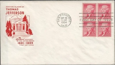 Scott 1033 X 4 FDC - 2 cent - 1954 - Thomas Jefferson - 3rd President - FDOI - Image 1 of 2