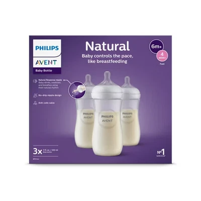 Biberón natural Philips Avent paquete de 3 11 oz pezón anticólicos flujo rápido 6 m+ Foto 1 de 4