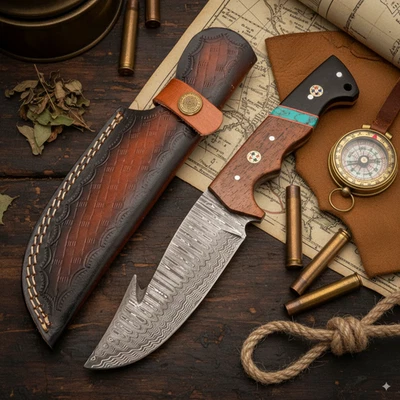 9" EXCELENTE GANCHO TRIPA, HOJA FIJA ACERO DAMASCO, CAZA, CUCHILLO SUPERVIVENCIA, O-161 Foto 1 de 4