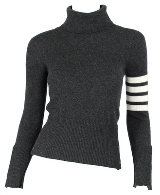 THOM BROWNE Gunmetal Gray Cashmere Knit Striped Detail Turtleneck Sweater 38 - Image 1 of 4