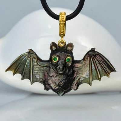 Colgante de murciélago negro tallado nácar oro vermeil plata de ley 5,88 g Foto 1 de 4