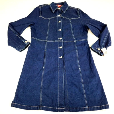 Nuevo Y2K Jou Jou Juniors Talla L Grande Jean Gabardina Chaqueta Vestido Longline Botón Foto 1 de 4