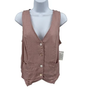 Rachel Paige V-Neck Vest WMNS XS Dusty Rose Linen Blend Button Up Front Pockets - Picture 1 of 6